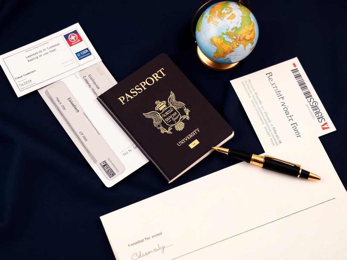 Passport, boarding pass and university documents